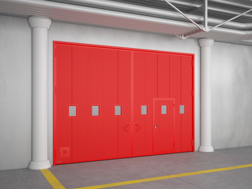 Встроенная калитка обеспечивает доступ в помещение без необходимости открывания ворот и может служить эвакуационным выходом. <br> Огнестойкое окно (размером 400 × 300 мм) в полотне ворот повышает удобство их эксплуатации, обеспечивая обзор пространства за воротами. Окно надежно препятствует выходу огня из помещения, где возник пожар, так как благодаря прочной металлической раме выдерживает высокую механическую нагрузку и не деформируется при значительных перепадах температур и интенсивном нагреве. <br> Противопожарный люк (размер в свету 200 × 200 мм) применяется для тушения пожара без необходимости открывания ворот.